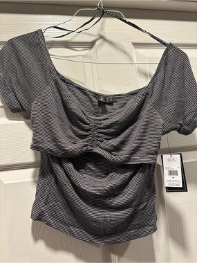 Volcom Black & White Striped Ruched Crop Top